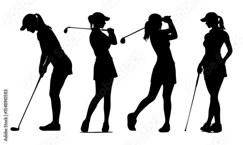 Silhouettes of women golfers in various poses with golf clubs isolated on white background