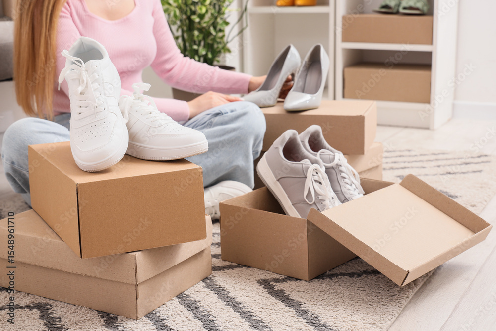 Fototapeta premium Woman with different shoes and boxes on carpet in wardrobe