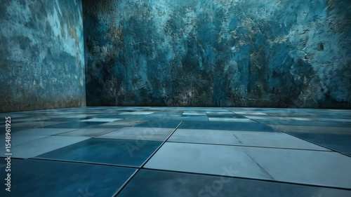 Tiled floor against textured teal wall