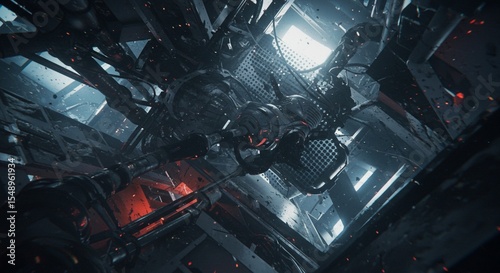 Abstract view of a complex metallic structure with wires and glowing lights in a dark environment