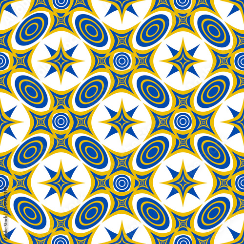 Abstract seamless pattern, Geometric starburst pattern in blue and gold tones with overlapping ellipses and starburst shapes. Seamless abstract background.