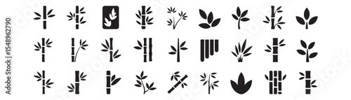 Bamboo plant icon set. Vector glyph pictograms of bamboo stalk, leaf, fabric, nature, ecology, and sustainability concept black silhouette illustration.