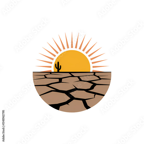 Cactus silhouette against a dry cracked earth at sunset highlighting drought conditions in a desert landscape