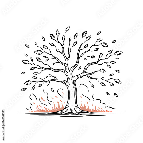 Tree with leaves amidst flames symbolizing resilience in nature's cycle of life and destruction