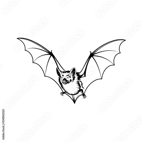 Detailed illustration of a bat in flight showing its wings wide open and features in a natural setting