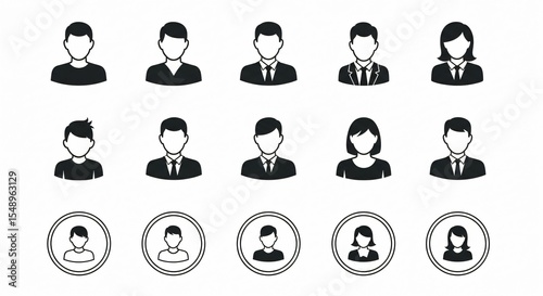 A collection of fifteen different black and white user profile icons in a grid pattern on a white background
