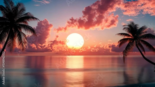 Tranquil sunset over calm ocean, palm trees silhouetted against vibrant sky