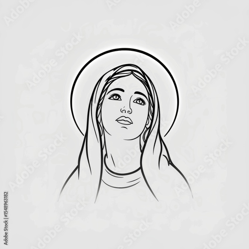 Portrait of Holy Mary with a halo, embodying grace and spirituality in a simple line art style
