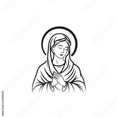 Portrait of Holy Mary with a halo, embodying grace and spirituality in a simple line art style