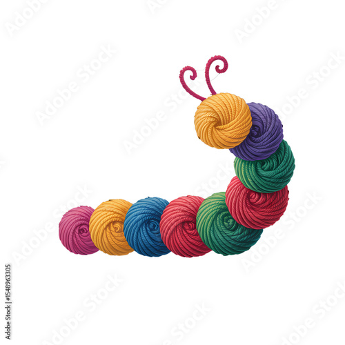 Colorful yarn caterpillar made from soft balls of yarn on a plain background