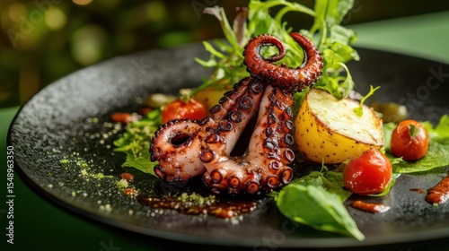 Gourmet grilled octopus with roasted potato, tomatoes, and greens plated fine dining style, ideal for seafood cuisine, chef menus, and upscale restaurant ads.
