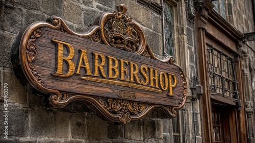 Ornate wooden barbershop sign mounted on a historic stone building exterior
