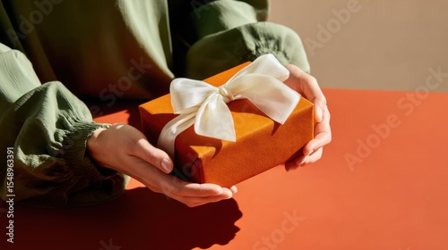 Elegant orange gift box with white satin ribbon held in hands, styled for holiday surprises, festive packaging, and heartfelt celebration content.