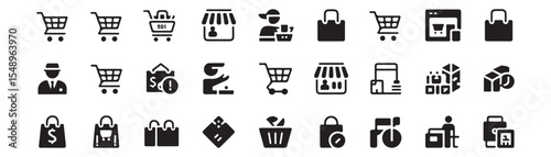 Shopping, retail icon set. Vector glyph pictograms of store, cart, cashier, bag, storefront, e-commerce, business, marketplace management black silhouette illustration. 