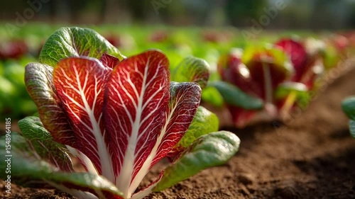 Fresh red lettuce growing in a vibrant green field