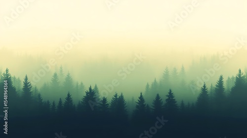 Misty forest landscape with pine trees illustration in shades of green and yellow