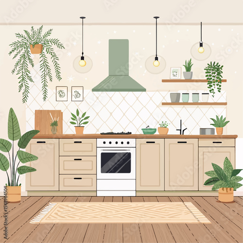 Scandinavian Style Kitchen Vector – Light Wood Textures and Indoor Plants