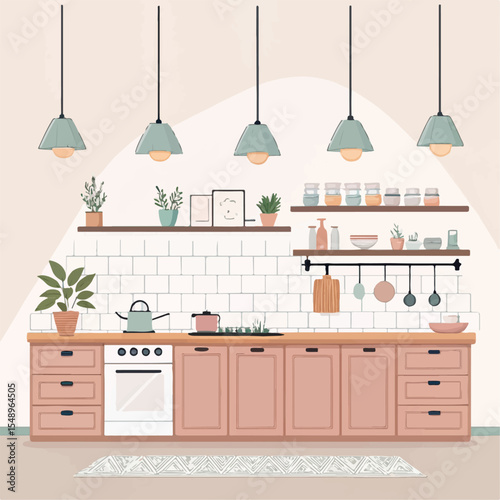 Modern Cozy Kitchen Vector Illustration – Pendant Lights, Shelves, and Soft Pastel Colors