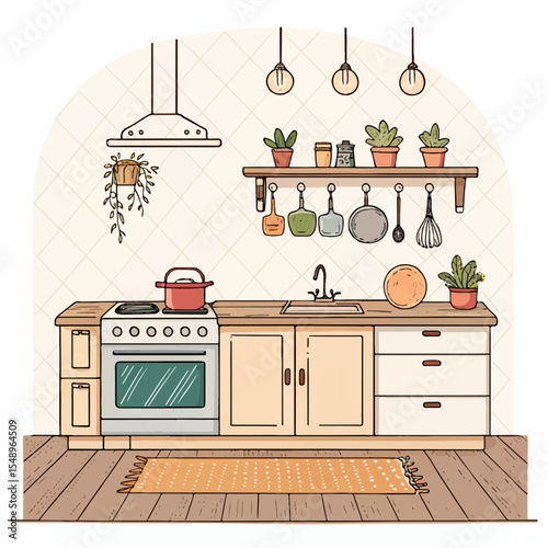 Flat Kitchen Design Vector – Clean Minimalist Interior with Wooden Flooring and Cookware