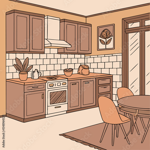 Charming Rustic Kitchen Vector – Modern Equipment with Comfortable Design Elements