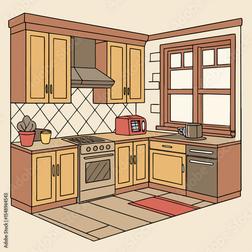Flat Vector of Kitchen Interior – Wooden Cabinets, Appliances, Warm Color Palette