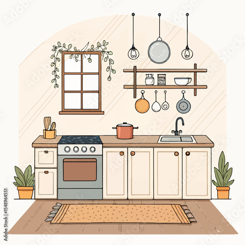Cozy Kitchen Interior Vector Illustration – Stove, Sink, Hanging Pots, Wooden Floor