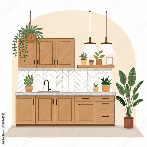 Warm Kitchen Design Illustration – Minimalist Style with Cabinets, Countertop, and Plants