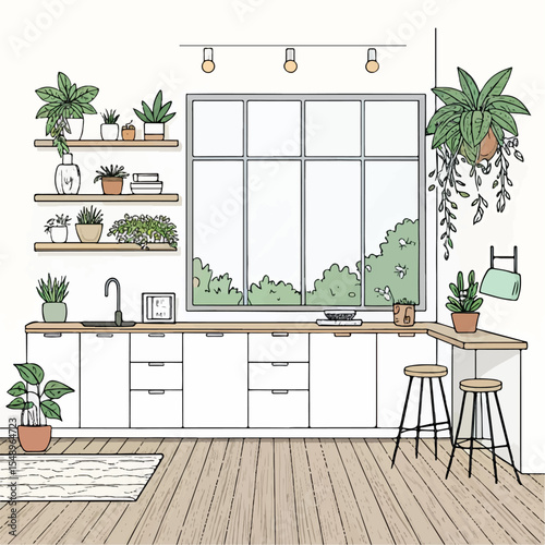Cozy Kitchen Scene Illustration – Minimalist Style with Utensils and Spice Containers
