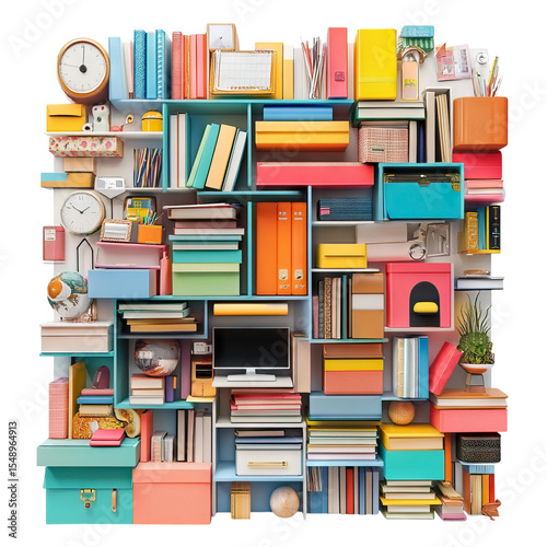 Colorful Bookshelf Organization A Creative Arrangement of Books, Office Supplies, and Decor