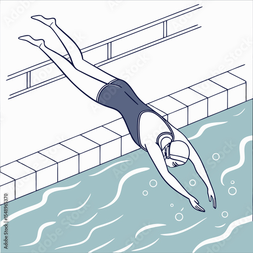 Female Swimmer in a Dark Blue Swimsuit Performing a Dive into a Light Blue Pool with White Water
