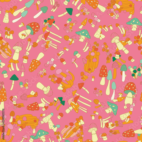 Colorful mushroom illustration forming seamless pattern, playful fungi design good for creative textile and wrapping paper. Fly agaric and toadstool doodle vector
