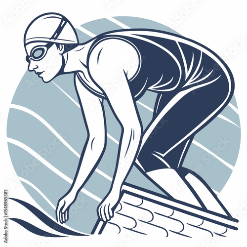Female Swimmer in Navy Swimsuit Preparing to Dive from Starting Block Blue Water Background woman