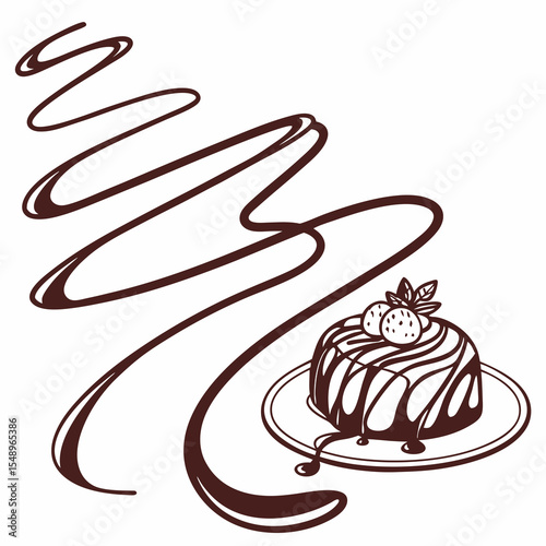Dark Brown Chocolate Drizzle Lines Swirling Around Dessert Cake with Strawberries and Mint vector