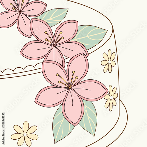 Delicate Pink Fondant Flowers Cake Decorations Pastel Green Leaves Isolated on White Background vector