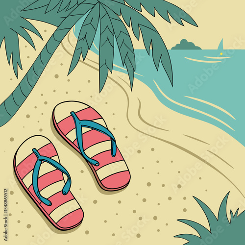 Pink and Beige Striped Flip Flops on Sandy Beach Under Palm Tree Near Teal Ocean with Sailboat sandals