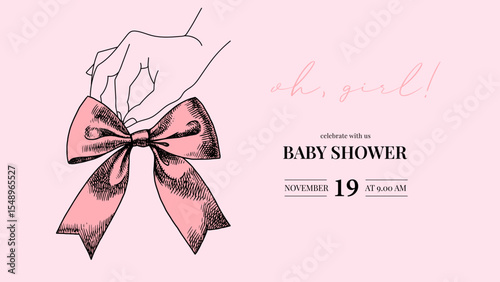 Elegant baby shower invitation with pink bow. Event invitation. Hand drawn sketch vector illustration