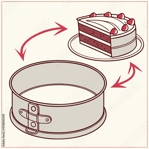 Red Velvet Cake Slice on Plate and Empty Springform Pan Baking Illustration cake pan baking pan