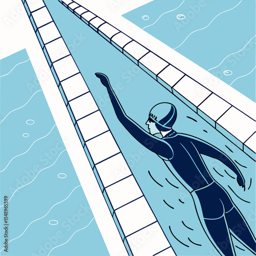 Swimmer in Dark Blue Swimsuit Touching Pool Wall Light Blue Water swimming