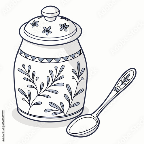 White Ceramic Sugar Jar with Blue Floral Design and Matching Spoon Illustration vector