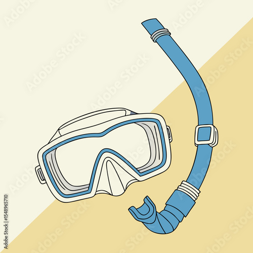 White and Light Blue Snorkel Mask and Snorkel Set Against Beige and Cream Background Illustration