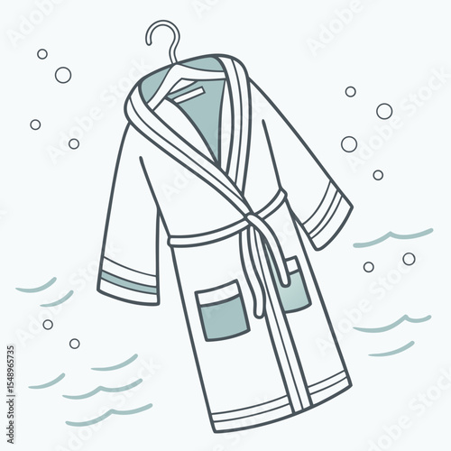 White Hooded Bathrobe Hanging on Clothes Hanger with Teal Accents and Water Design Elements