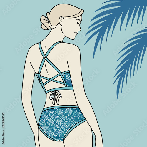 Woman Back View Wearing Teal Blue Bikini Set with Abstract Wave Pattern Against Light Blue