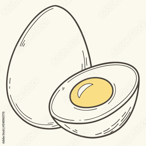 Whole Egg and Halved Egg Vector Illustration with Pale Yellow Yolk and Dark Brown Outline egg yolk