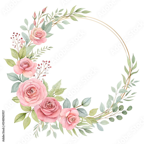 Watercolor Pink Roses and Greenery Circular Wreath Frame, Elegant Floral Design, Romantic Botanical Illustration, Perfect for Wedding Invitations or Greeting Cards