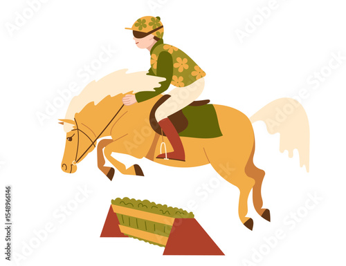 Equestrian young athlete jumping pony over an obstacle