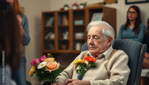 Elderly man sitting with flowers in a chair surrounded by family members in a living room setting photo