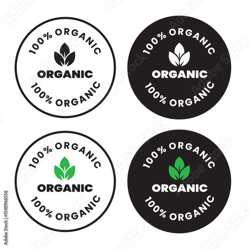 100% Organic Icons Set – Round Labels in 4 Color Variations for Natural, Eco-Friendly, and Certified Organic Product Packaging
