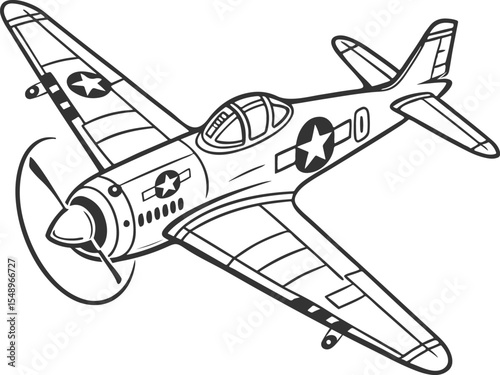 Black and White Illustration of a Vintage Airplane with Propeller and Stars