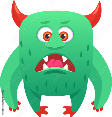 Funny green cartoon monster with vibrant red horns and oversized eyes, roaring and displaying sharp teeth and a playful tongue, perfect for children s illustrations and whimsical designs
