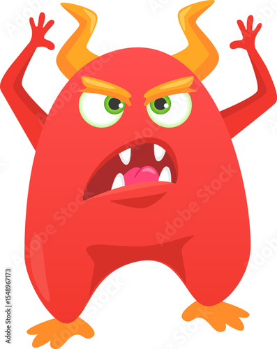 Cartoon illustration of a red monster with horns, roaring and raising hands, showing teeth and tongue, with green eyes and orange feet, isolated on white background